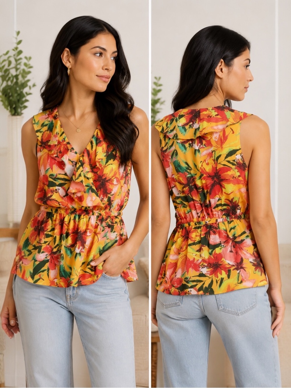 Sofia Jeans by Sofia Vergara Tropical Floral Sleeveless Blouse Size Large